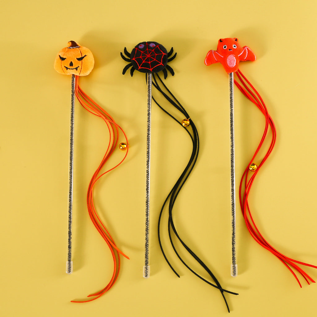 Cannes à pêche d'Halloween pour chat : citrouille, chauve-souris et araignée