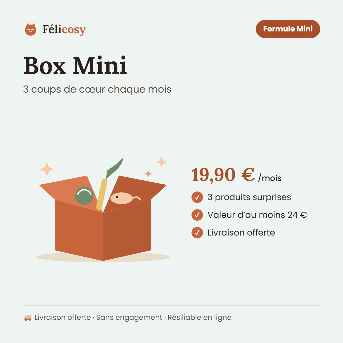 Box Mini Félicosy : 3 produits surprises pour chat, 19,90 € par mois