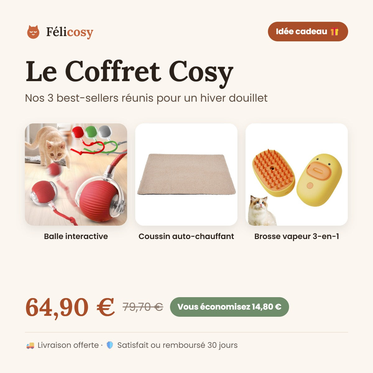 Le Coffret Cosy Félicosy : balle interactive, coussin auto-chauffant et brosse vapeur pour chat, 64,90 €