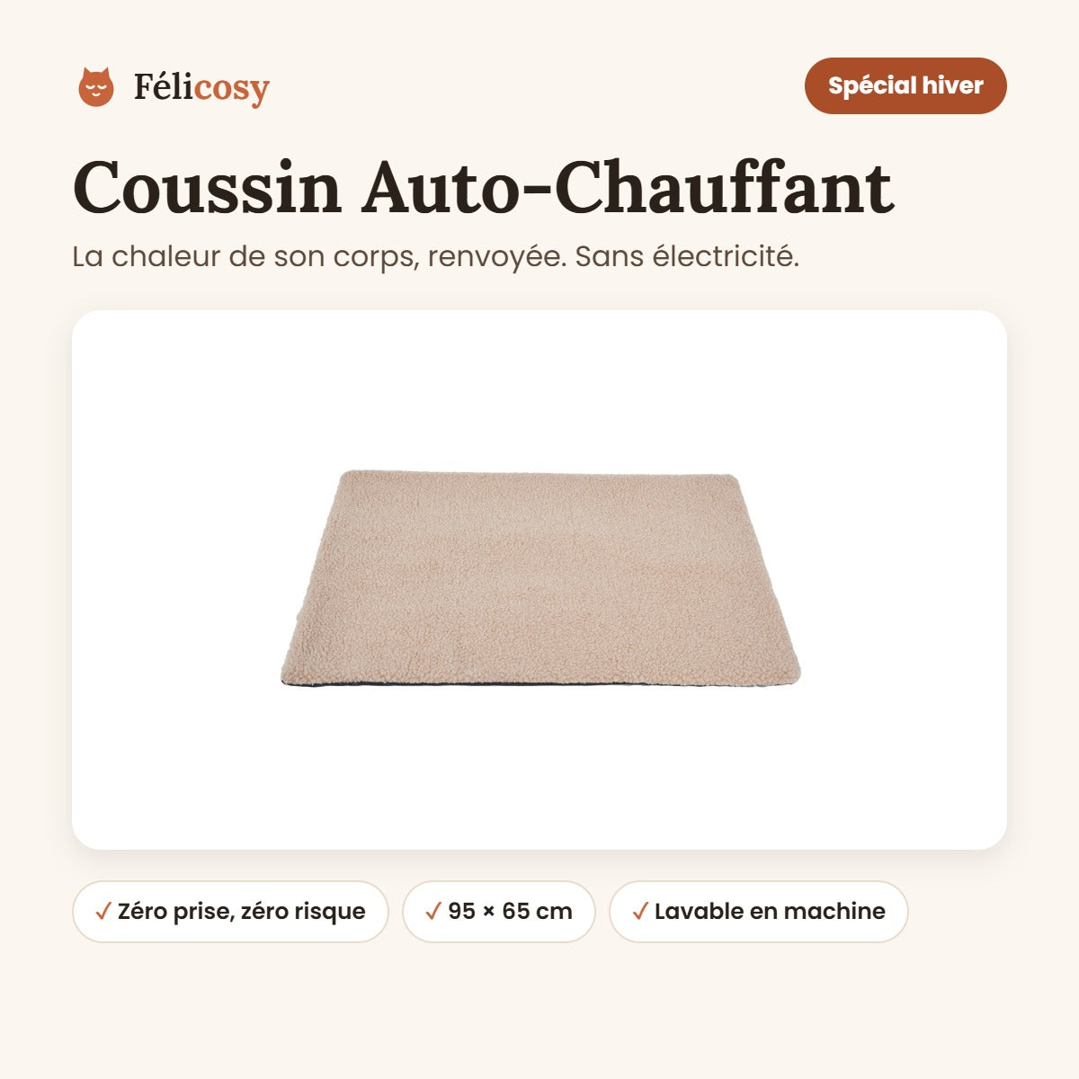 Coussin auto-chauffant pour chat sans électricité, 95 × 65 cm, Félicosy