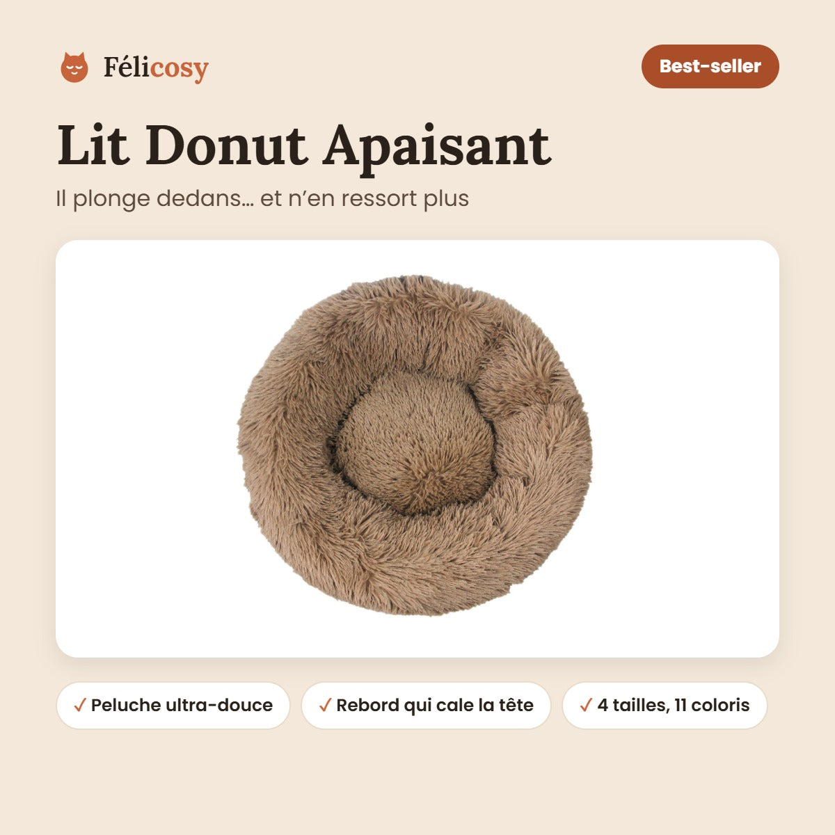 Lit donut apaisant pour chat en peluche ultra-douce, Félicosy